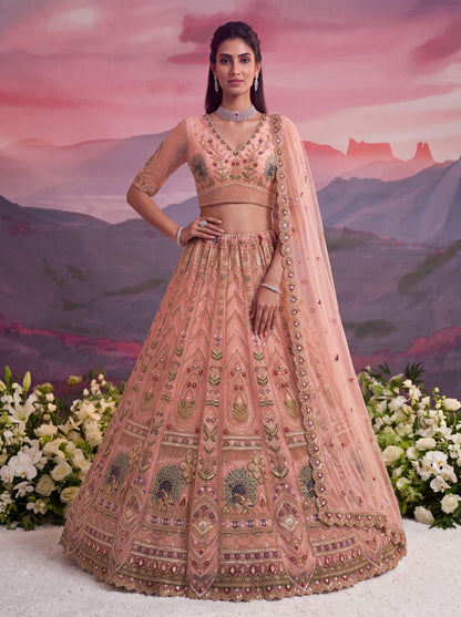 Peach Pure Heavy Net Motif Handwork Zari Sequins Work Bridal Lehenga Choli