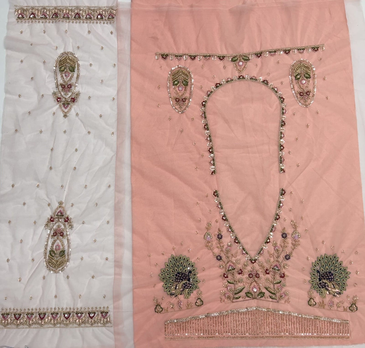 Peach Pure Heavy Net Motif Handwork Zari Sequins Work Bridal Lehenga Choli