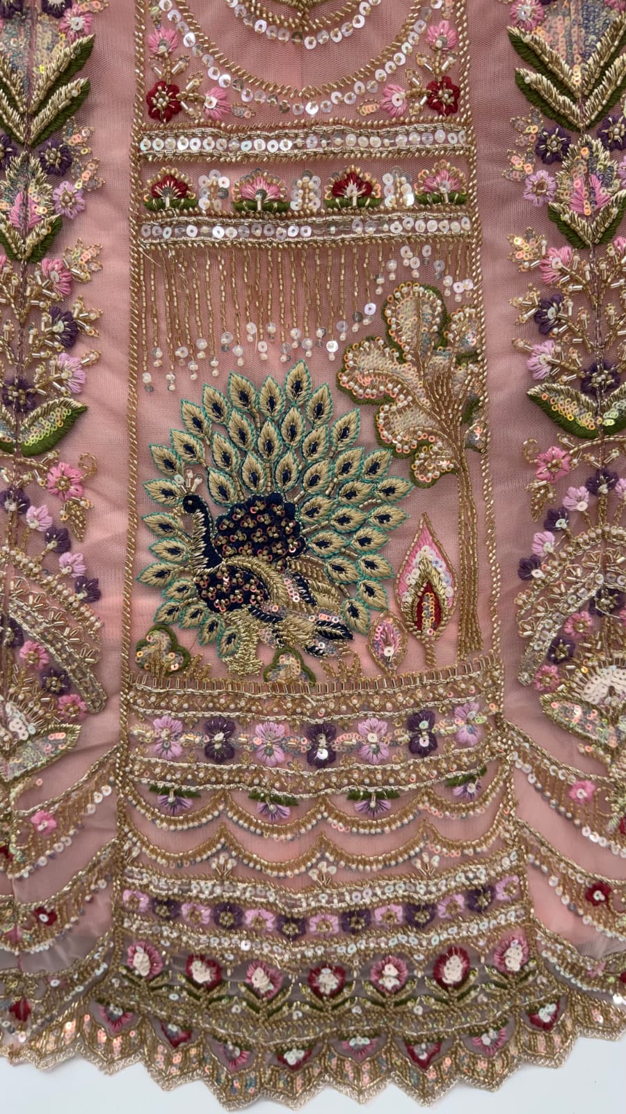 Peach Pure Heavy Net Motif Handwork Zari Sequins Work Bridal Lehenga Choli