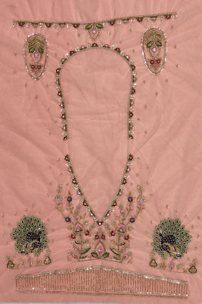 Peach Pure Heavy Net Motif Handwork Zari Sequins Work Bridal Lehenga Choli