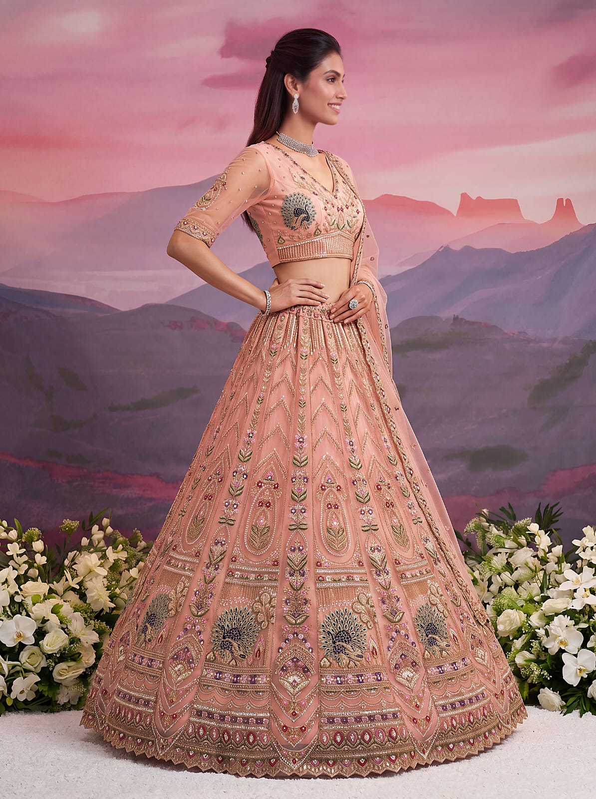 Peach Pure Heavy Net Motif Handwork Zari Sequins Work Bridal Lehenga Choli