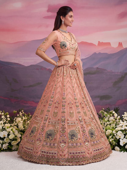 Peach Pure Heavy Net Motif Handwork Zari Sequins Work Bridal Lehenga Choli