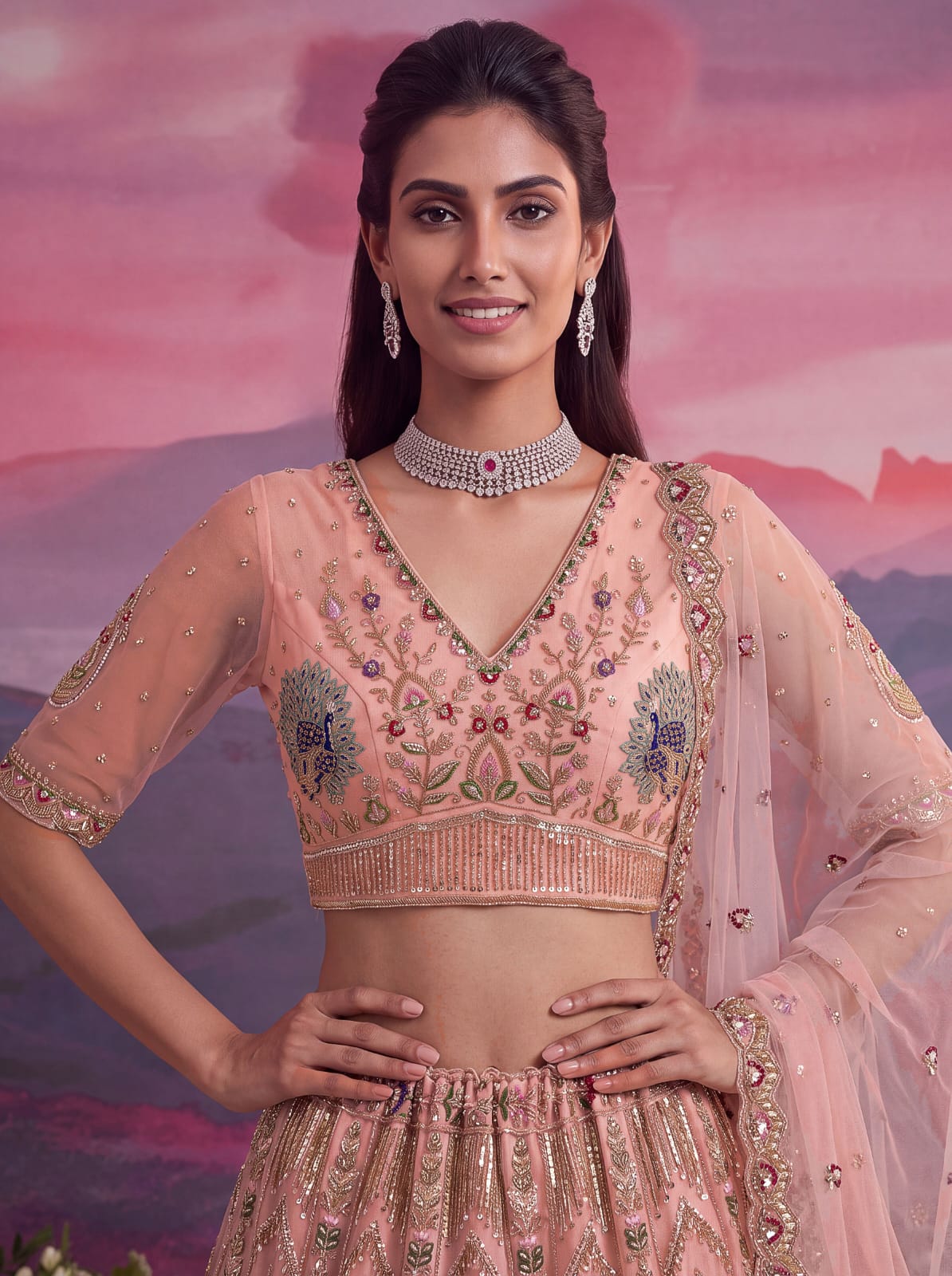 Peach Pure Heavy Net Motif Handwork Zari Sequins Work Bridal Lehenga Choli