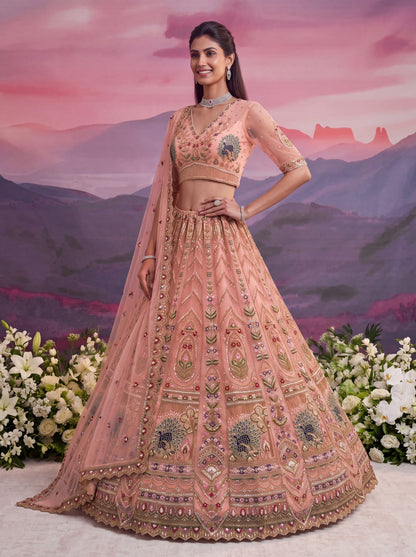 Peach Pure Heavy Net Motif Handwork Zari Sequins Work Bridal Lehenga Choli