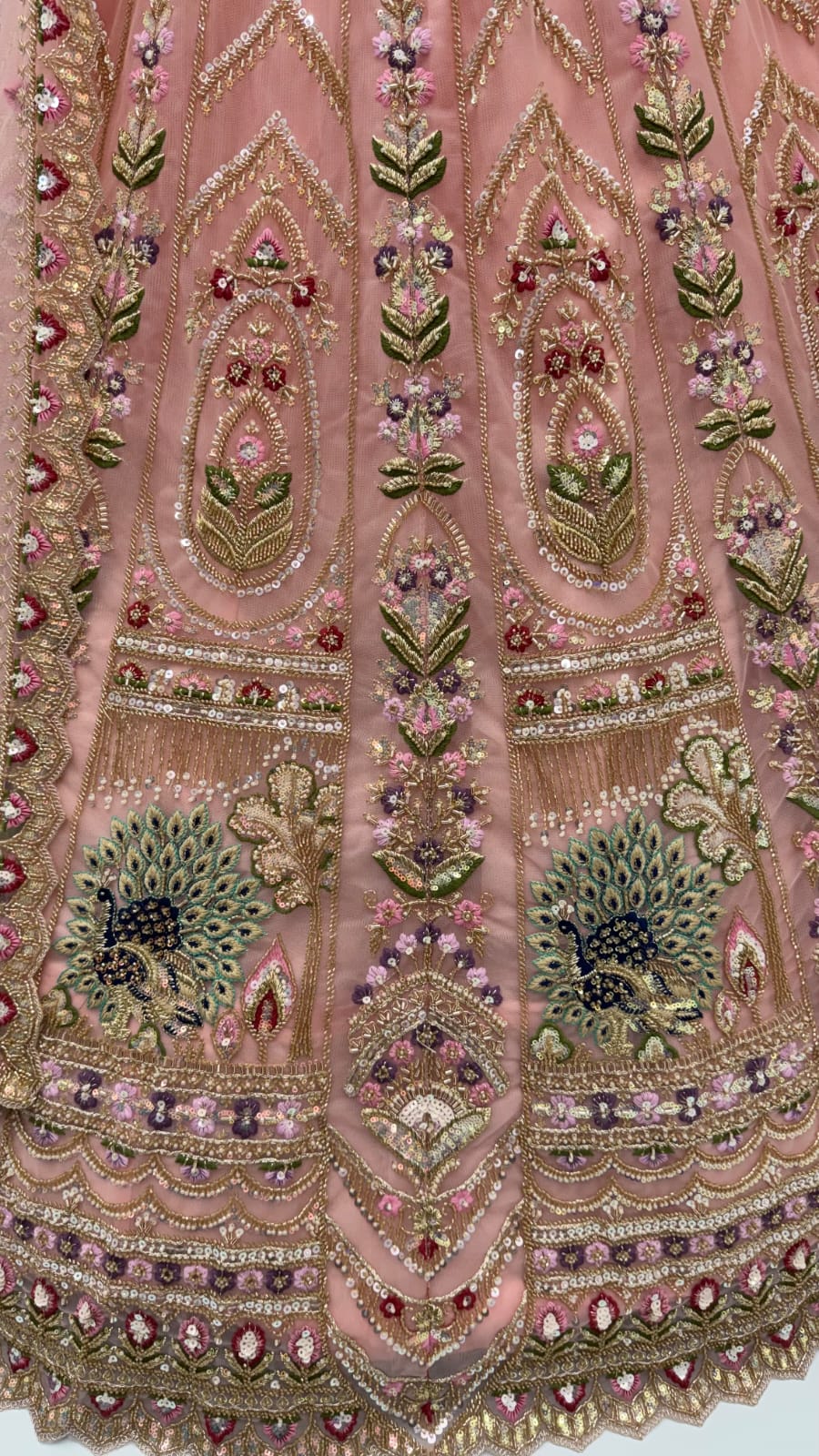 Peach Pure Heavy Net Motif Handwork Zari Sequins Work Bridal Lehenga Choli