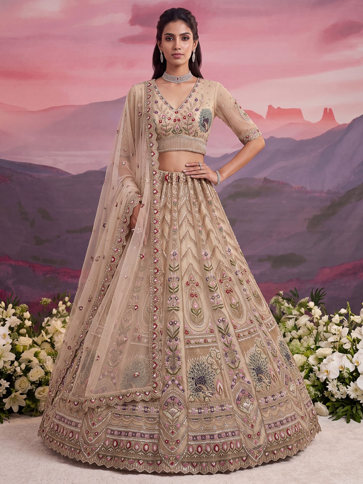 Chiku Pure Heavy Net Motif Handwork Zari Sequins Work Bridal Lehenga Choli