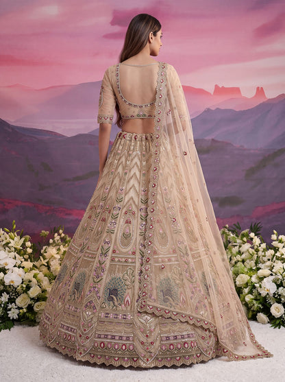 Chiku Pure Heavy Net Motif Handwork Zari Sequins Work Bridal Lehenga Choli