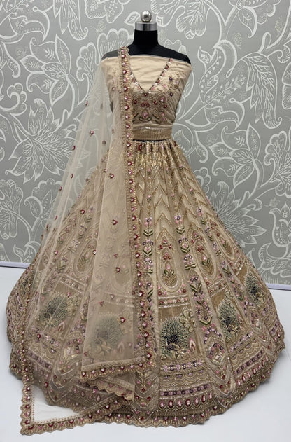 Chiku Pure Heavy Net Motif Handwork Zari Sequins Work Bridal Lehenga Choli