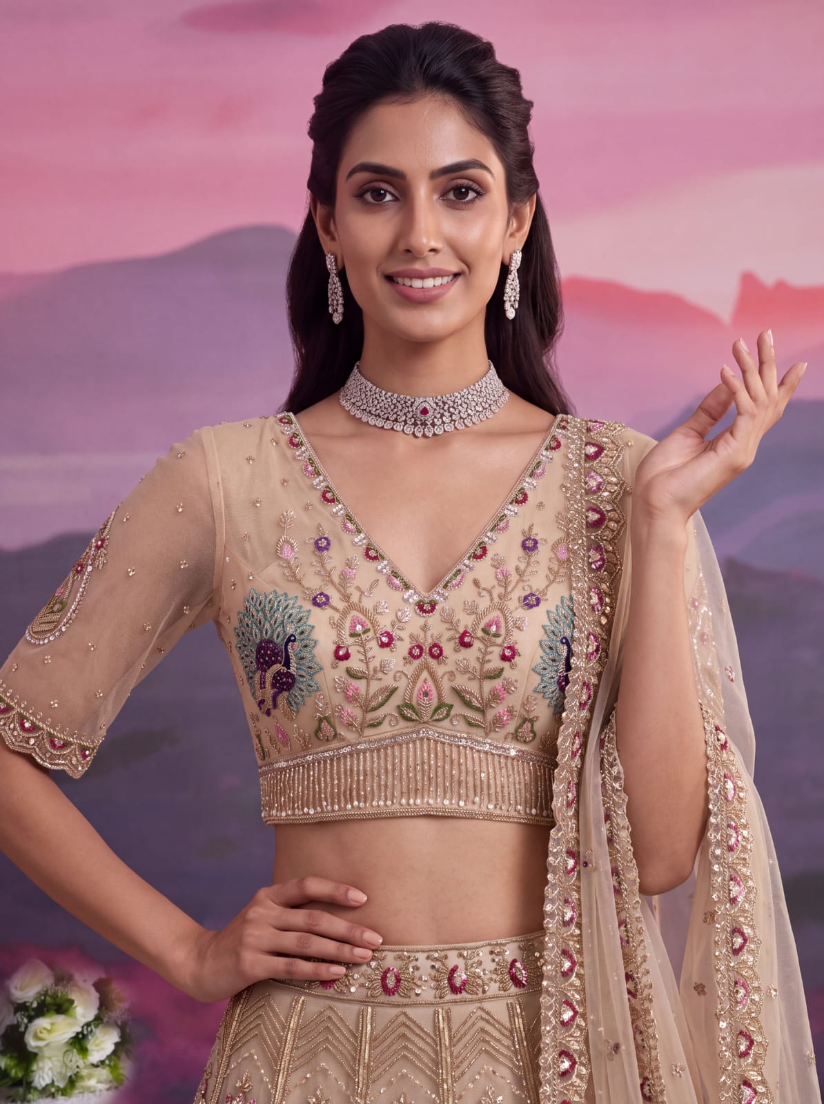 Chiku Pure Heavy Net Motif Handwork Zari Sequins Work Bridal Lehenga Choli
