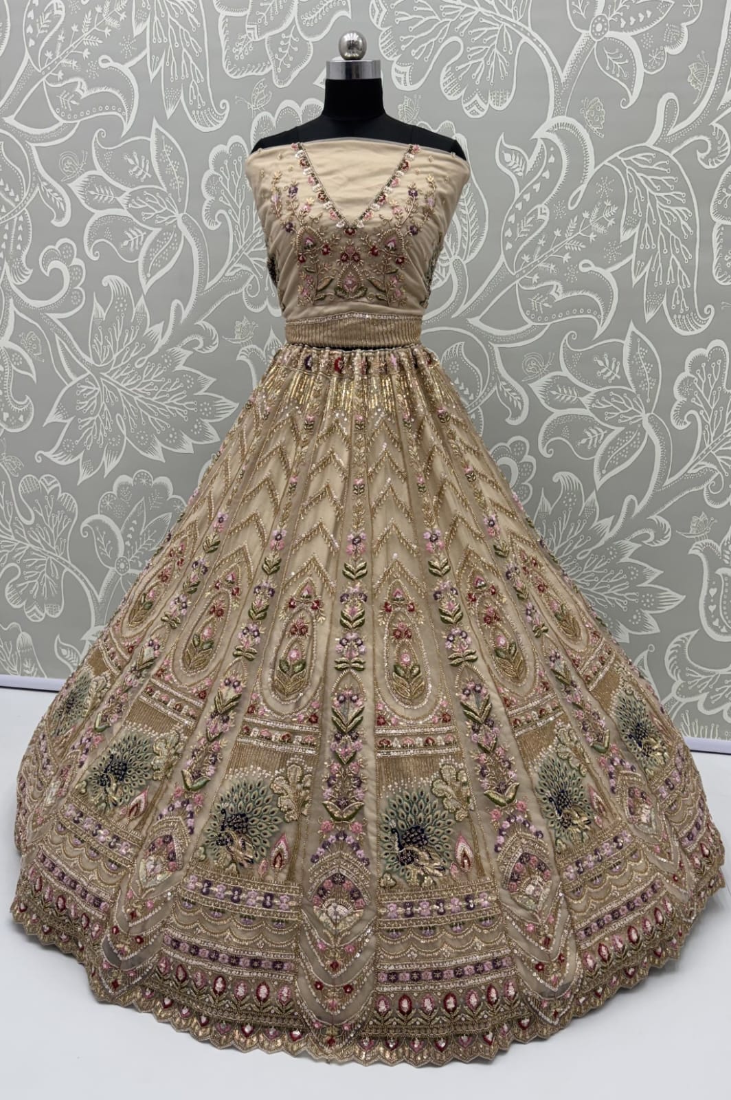 Chiku Pure Heavy Net Motif Handwork Zari Sequins Work Bridal Lehenga Choli
