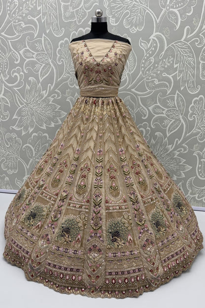 Chiku Pure Heavy Net Motif Handwork Zari Sequins Work Bridal Lehenga Choli