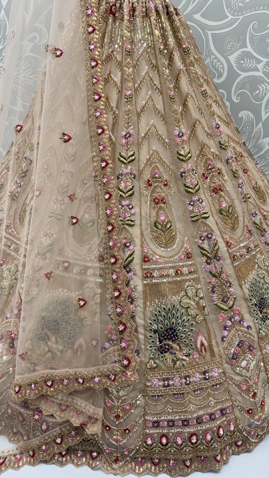 Chiku Pure Heavy Net Motif Handwork Zari Sequins Work Bridal Lehenga Choli