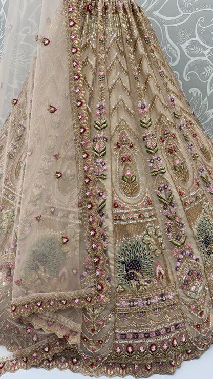 Chiku Pure Heavy Net Motif Handwork Zari Sequins Work Bridal Lehenga Choli