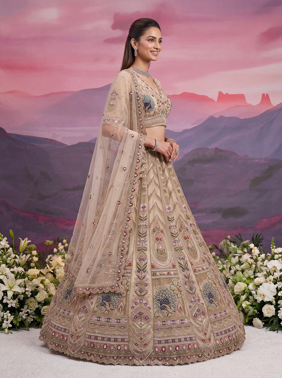 Chiku Pure Heavy Net Motif Handwork Zari Sequins Work Bridal Lehenga Choli