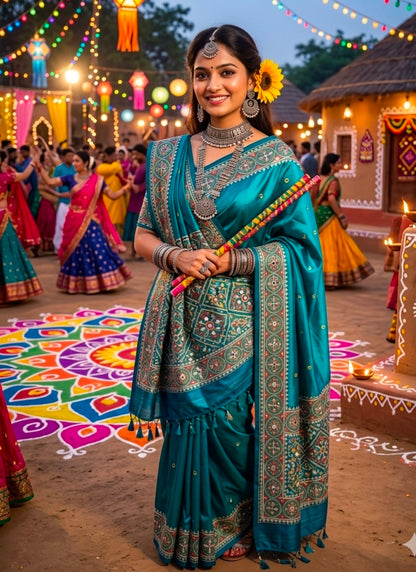 Teal Blue Pure Soft Banarasi Patola Silk Blend Traditional Manekchowk Hand and Mirror Work Patola Saree