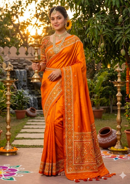 Orange Pure Soft Banarasi Patola Silk Blend Traditional Manekchowk Hand and Mirror Work Patola Saree