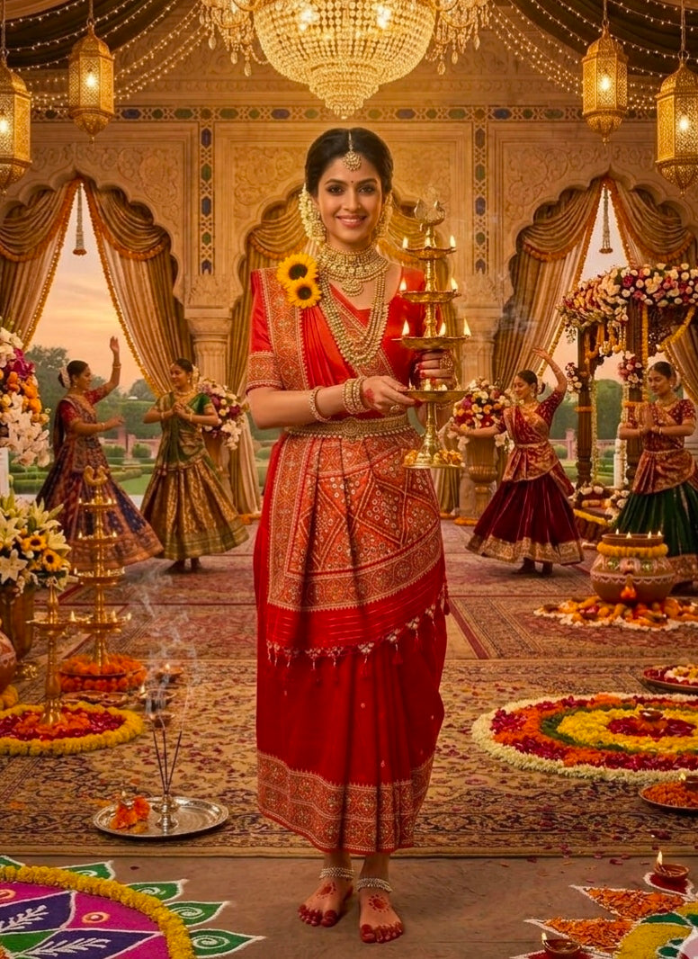Orange Pure Soft Banarasi Patola Silk Blend Traditional Manekchowk Hand and Mirror Work Patola Saree