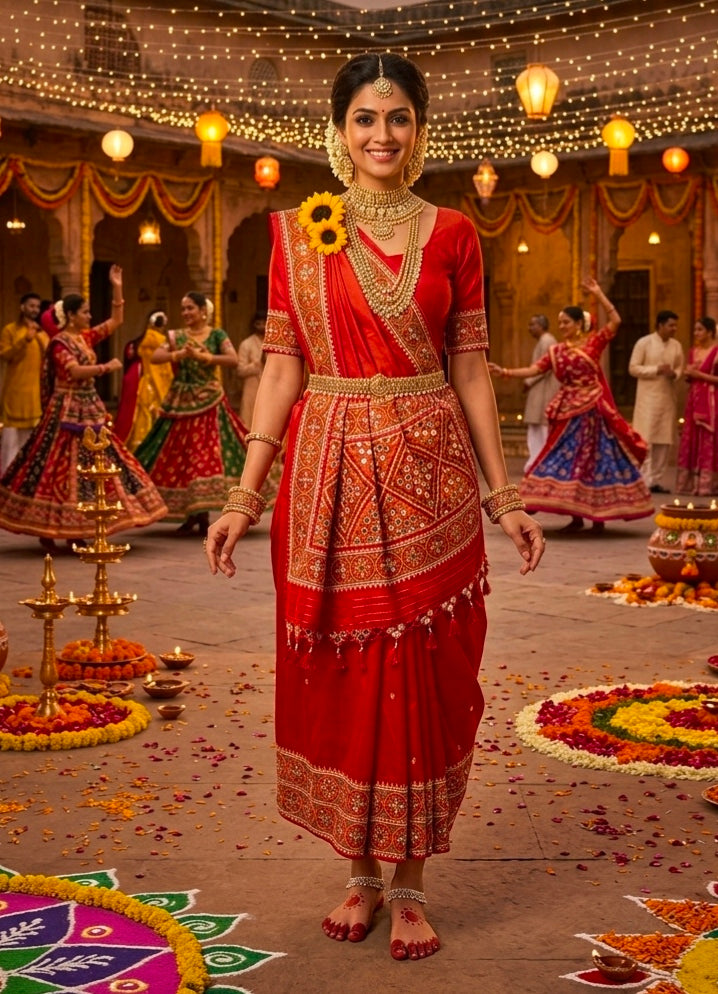 Orange Pure Soft Banarasi Patola Silk Blend Traditional Manekchowk Hand and Mirror Work Patola Saree