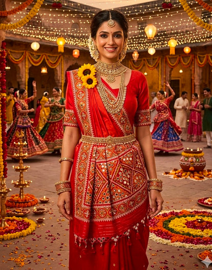 Orange Pure Soft Banarasi Patola Silk Blend Traditional Manekchowk Hand and Mirror Work Patola Saree