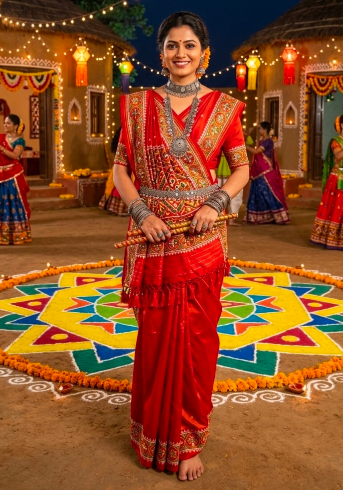 Orange Pure Soft Banarasi Patola Silk Blend Traditional Manekchowk Hand and Mirror Work Patola Saree