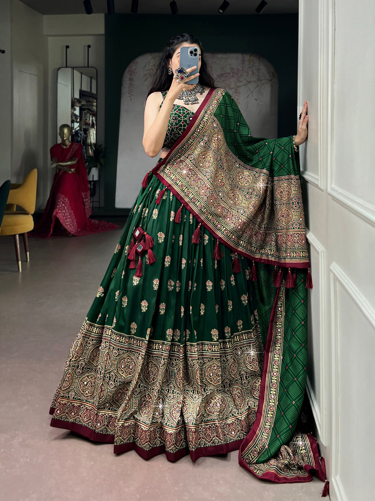 Green Pure Tasar Silk Gamthi Work Navratri Lehenga Choli