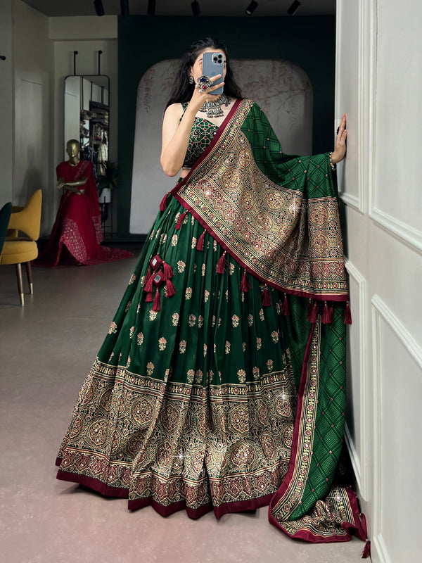 Green Pure Tasar Silk Gamthi Work Navratri Lehenga Choli