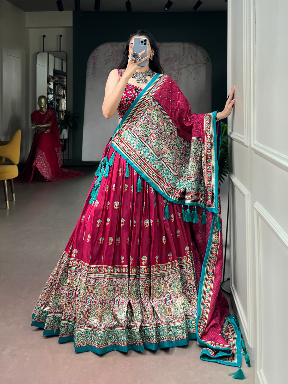 Pink Pure Tasar Silk Gamthi Work Navratri Lehenga Choli