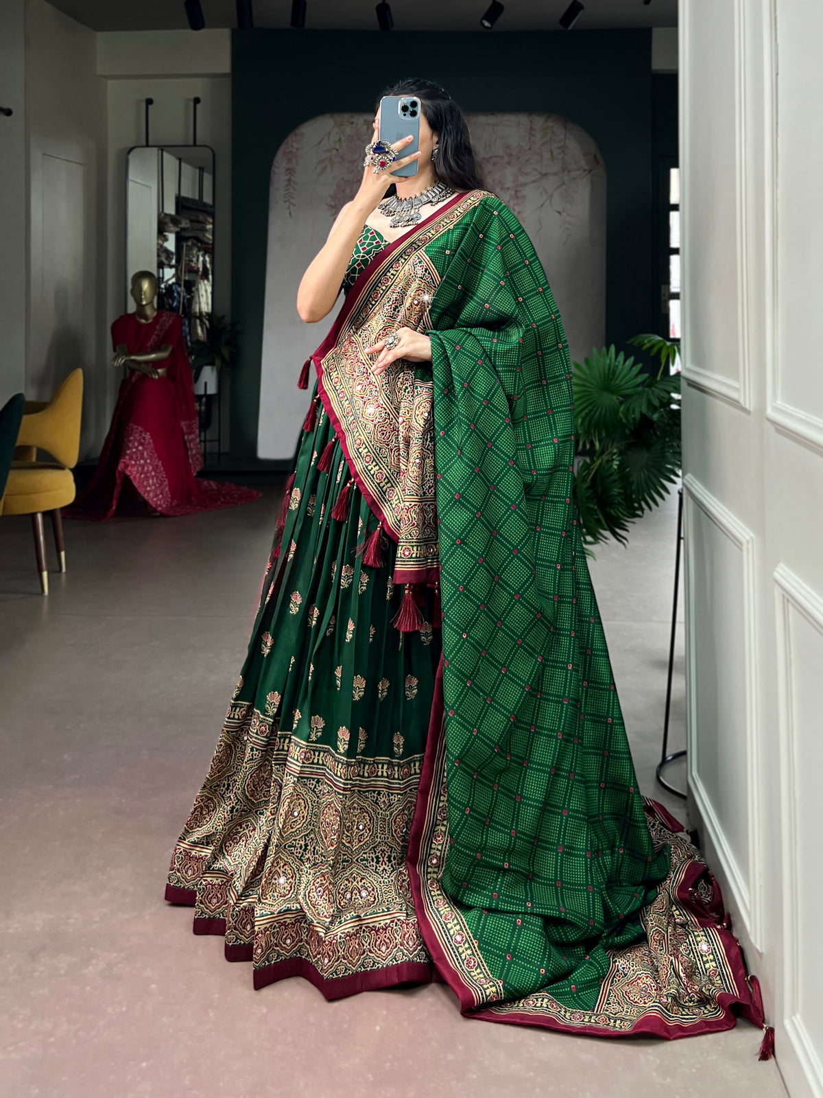 Green Pure Tasar Silk Gamthi Work Navratri Lehenga Choli
