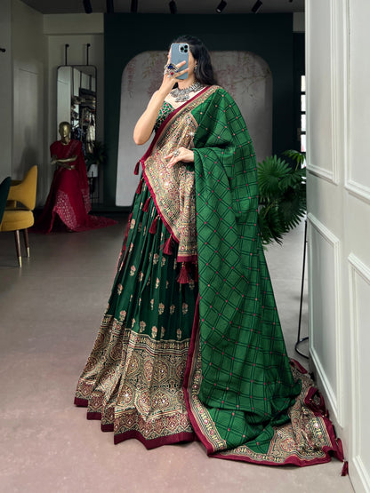 Green Pure Tasar Silk Gamthi Work Navratri Lehenga Choli