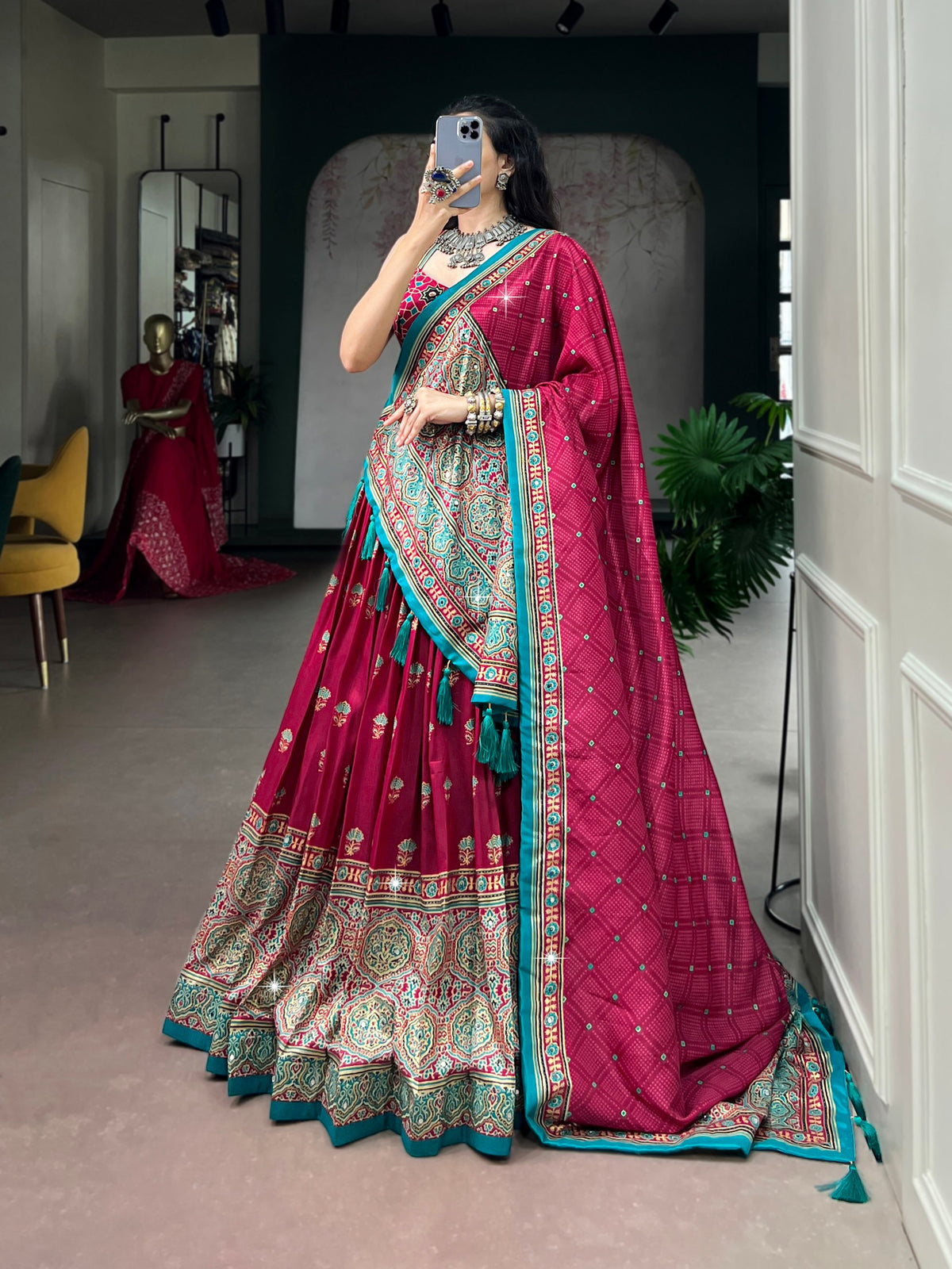 Pink Pure Tasar Silk Gamthi Work Navratri Lehenga Choli