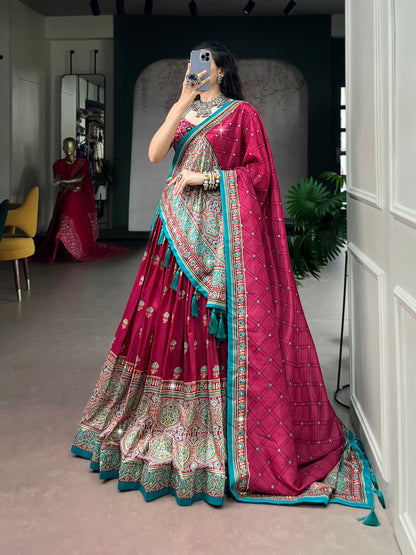 Pink Pure Tasar Silk Gamthi Work Navratri Lehenga Choli