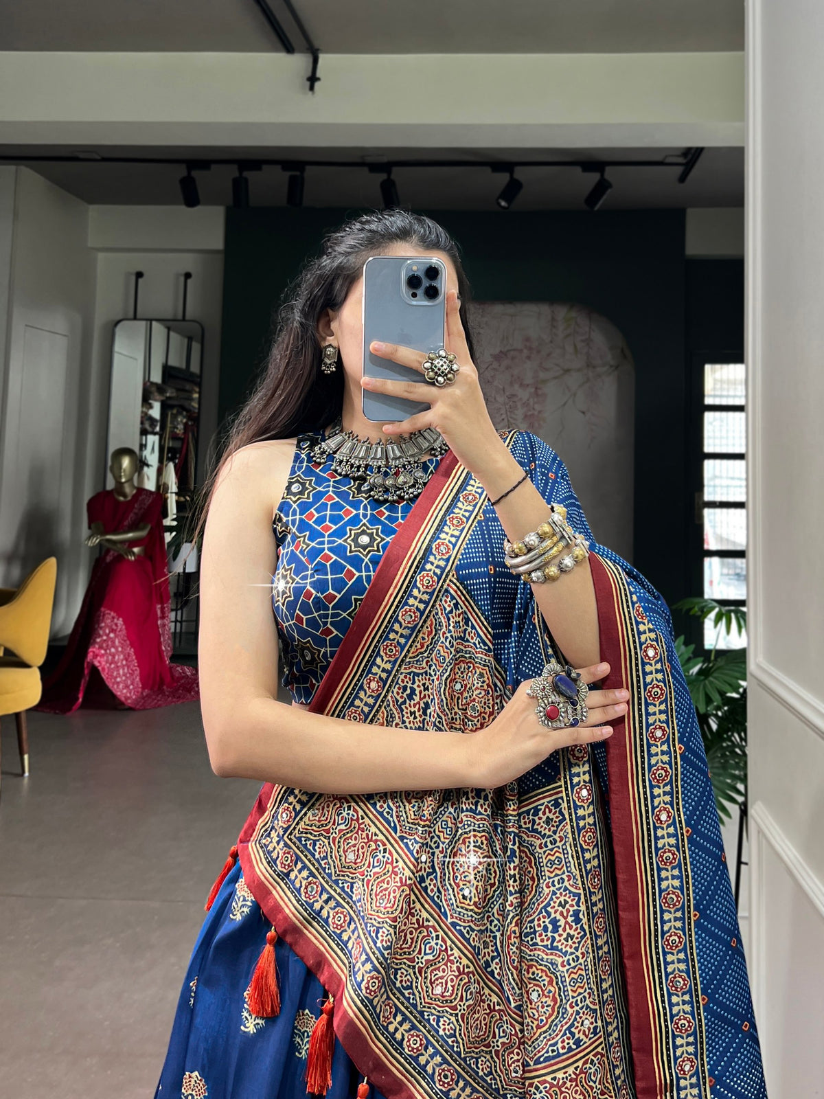 Blue Pure Tasar Silk Gamthi Work Navratri Lehenga Choli