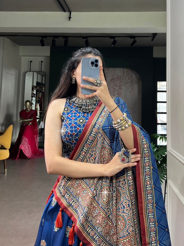 Blue Pure Tasar Silk Gamthi Work Navratri Lehenga Choli