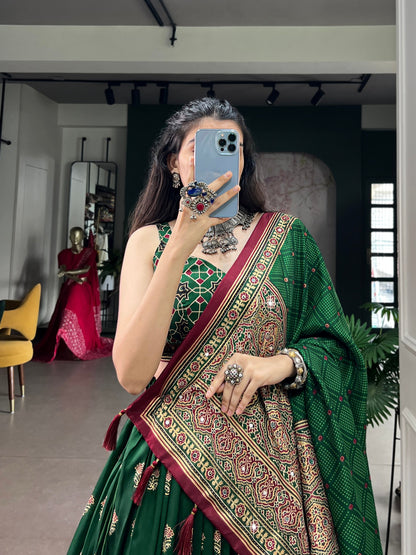 Green Pure Tasar Silk Gamthi Work Navratri Lehenga Choli