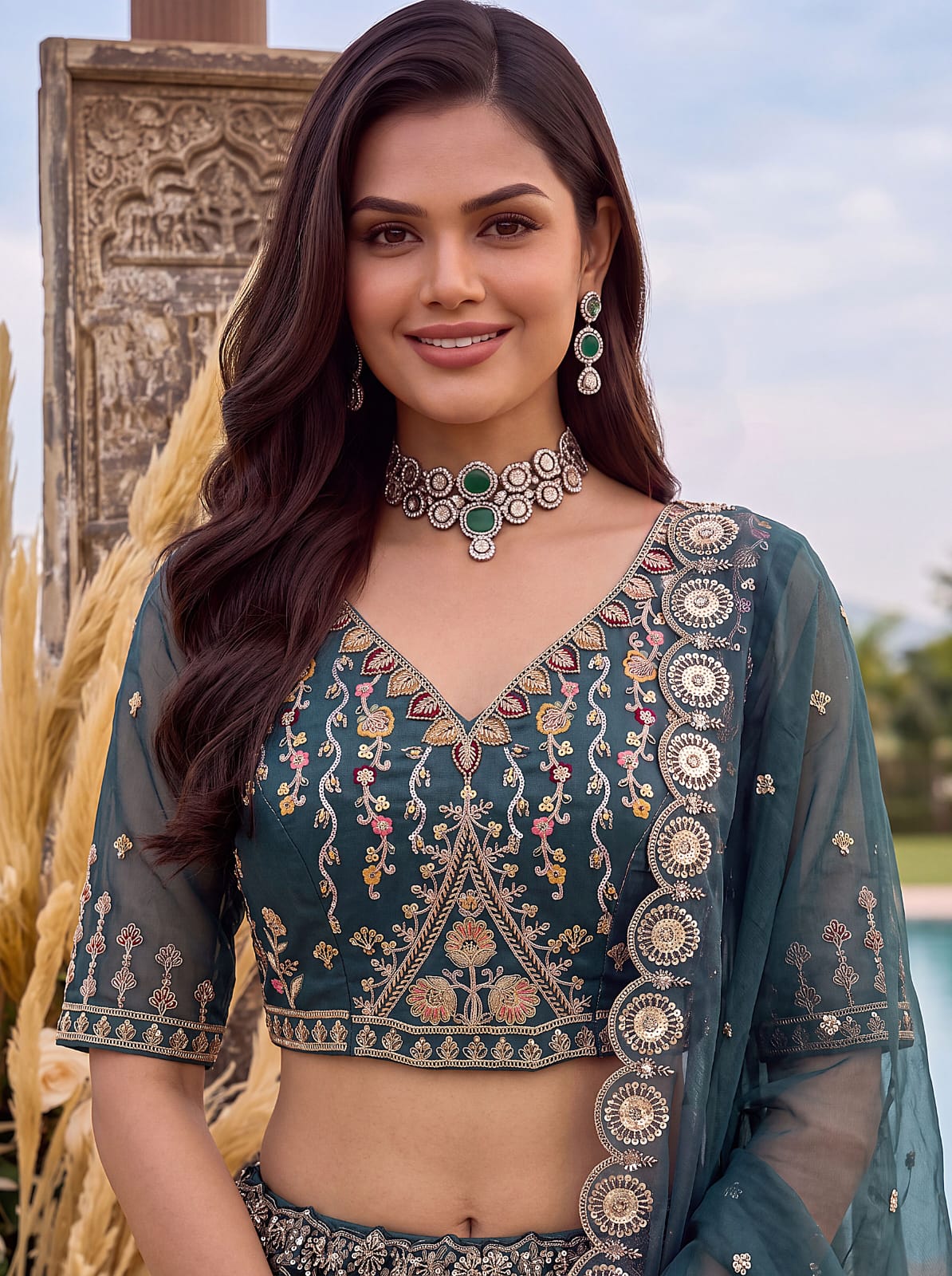 Beige Sky Pure Chandnia Silk Handwork Motif Crystal Beads Multi Thread Dori Sequins Work Bridal Lehenga Choli