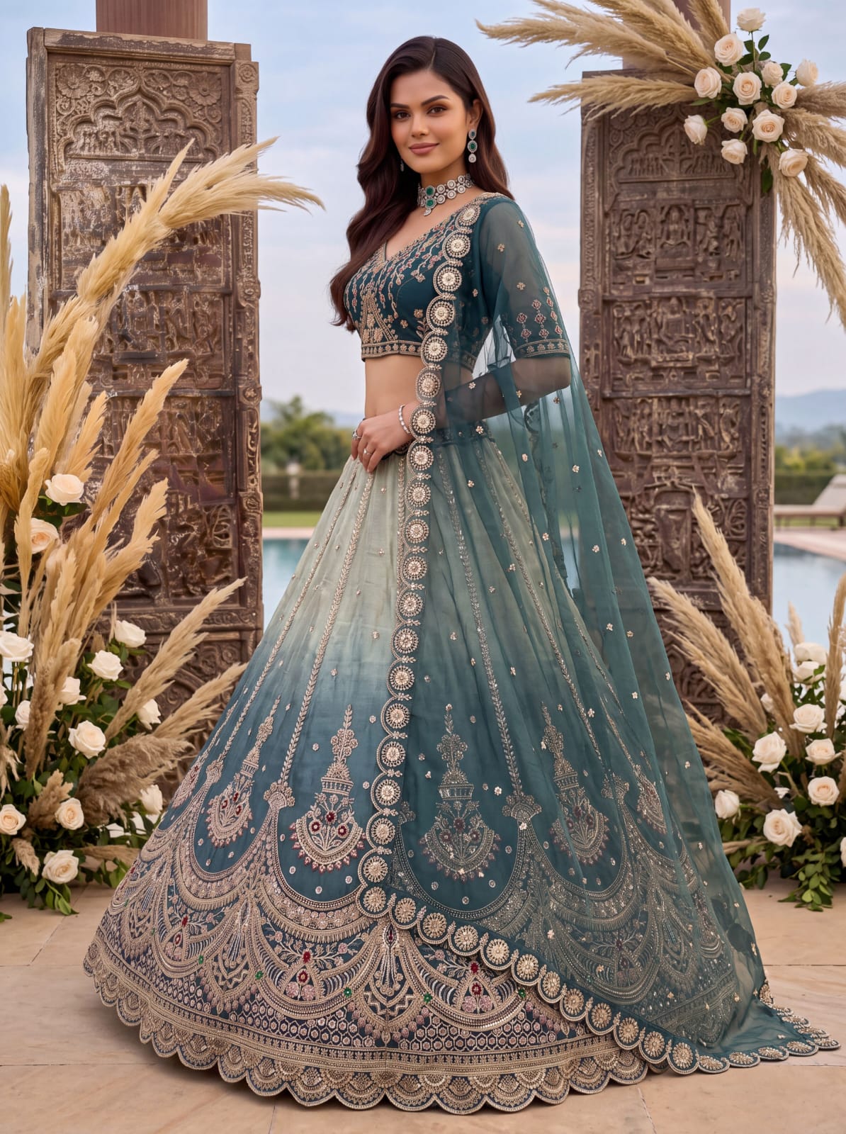 Beige Sky Pure Chandnia Silk Handwork Motif Crystal Beads Multi Thread Dori Sequins Work Bridal Lehenga Choli