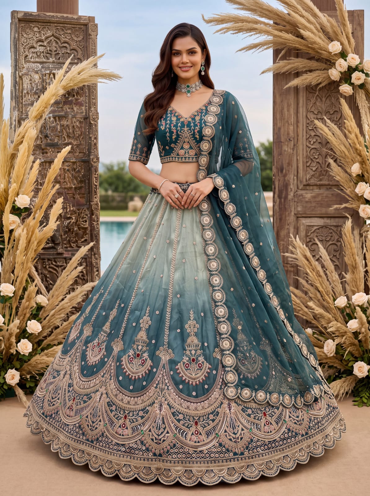 Beige Sky Pure Chandnia Silk Handwork Motif Crystal Beads Multi Thread Dori Sequins Work Bridal Lehenga Choli