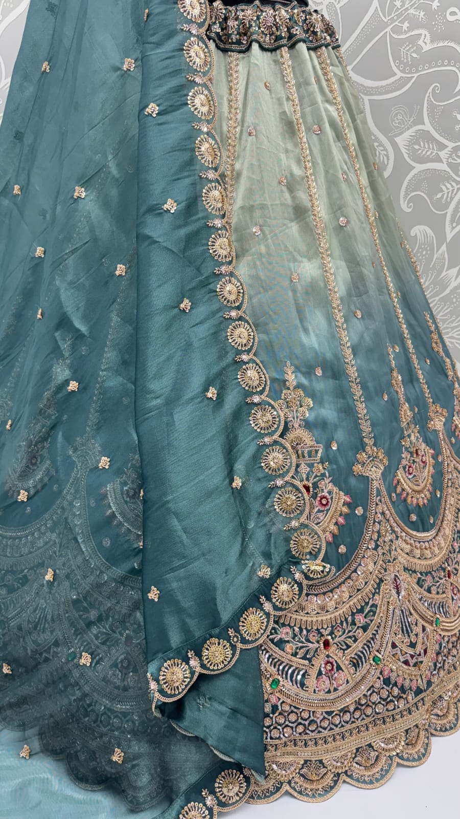 Beige Sky Pure Chandnia Silk Handwork Motif Crystal Beads Multi Thread Dori Sequins Work Bridal Lehenga Choli