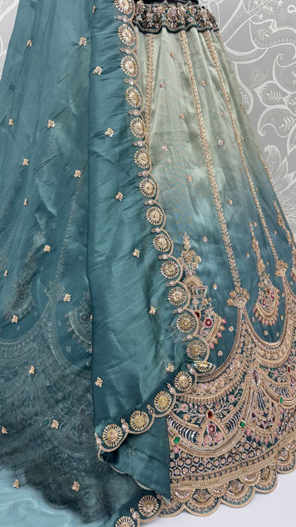 Beige Sky Pure Chandnia Silk Handwork Motif Crystal Beads Multi Thread Dori Sequins Work Bridal Lehenga Choli