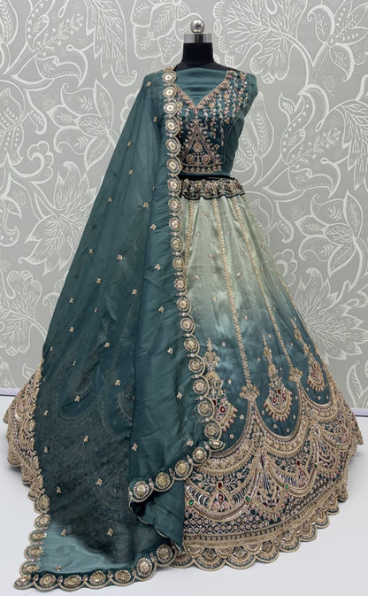 Beige Sky Pure Chandnia Silk Handwork Motif Crystal Beads Multi Thread Dori Sequins Work Bridal Lehenga Choli
