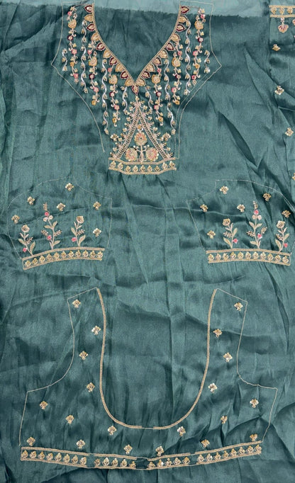 Beige Sky Pure Chandnia Silk Handwork Motif Crystal Beads Multi Thread Dori Sequins Work Bridal Lehenga Choli