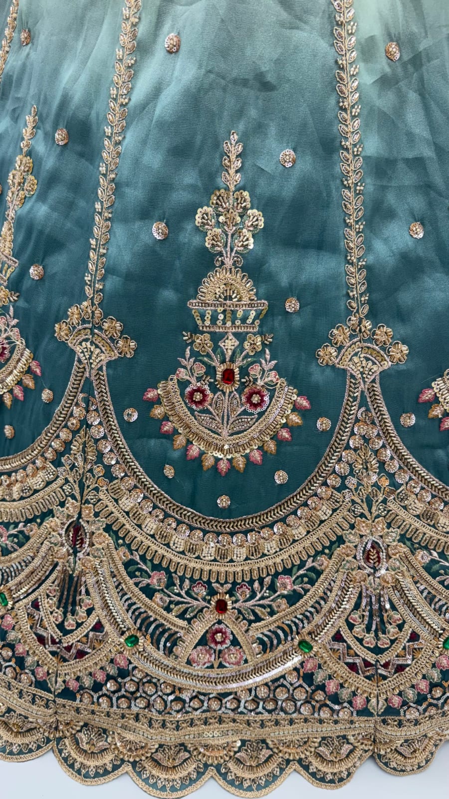 Beige Sky Pure Chandnia Silk Handwork Motif Crystal Beads Multi Thread Dori Sequins Work Bridal Lehenga Choli