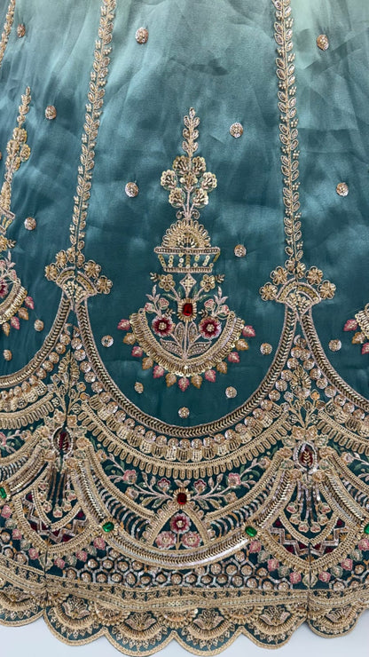 Beige Sky Pure Chandnia Silk Handwork Motif Crystal Beads Multi Thread Dori Sequins Work Bridal Lehenga Choli