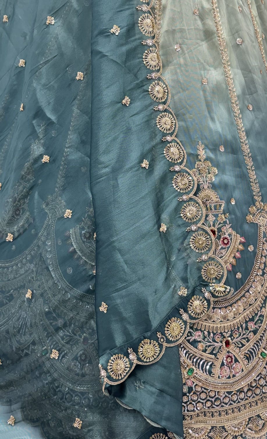 Beige Sky Pure Chandnia Silk Handwork Motif Crystal Beads Multi Thread Dori Sequins Work Bridal Lehenga Choli