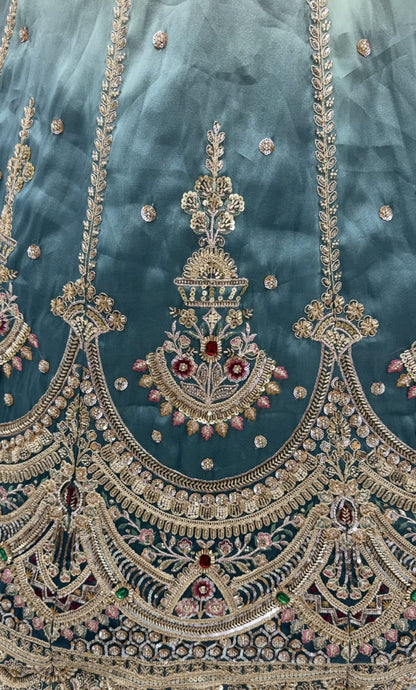 Beige Sky Pure Chandnia Silk Handwork Motif Crystal Beads Multi Thread Dori Sequins Work Bridal Lehenga Choli