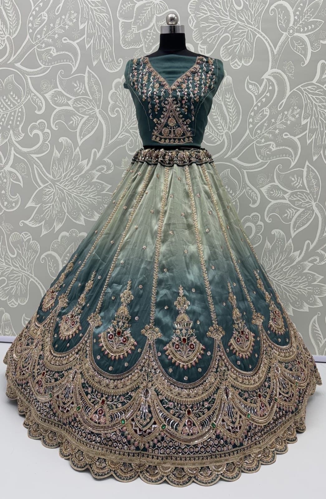 Beige Sky Pure Chandnia Silk Handwork Motif Crystal Beads Multi Thread Dori Sequins Work Bridal Lehenga Choli