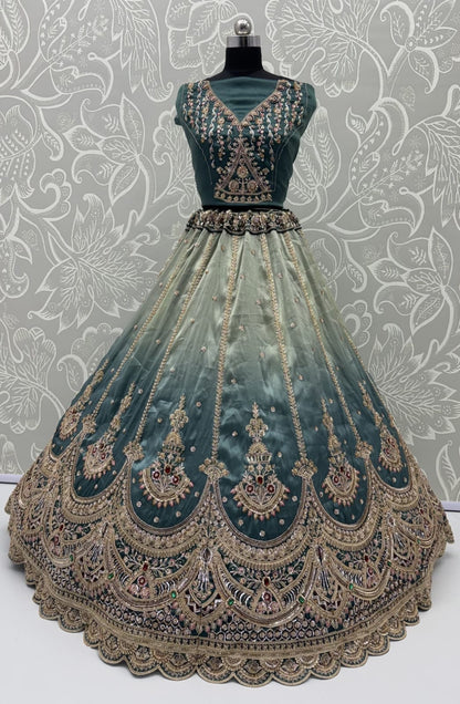 Beige Sky Pure Chandnia Silk Handwork Motif Crystal Beads Multi Thread Dori Sequins Work Bridal Lehenga Choli