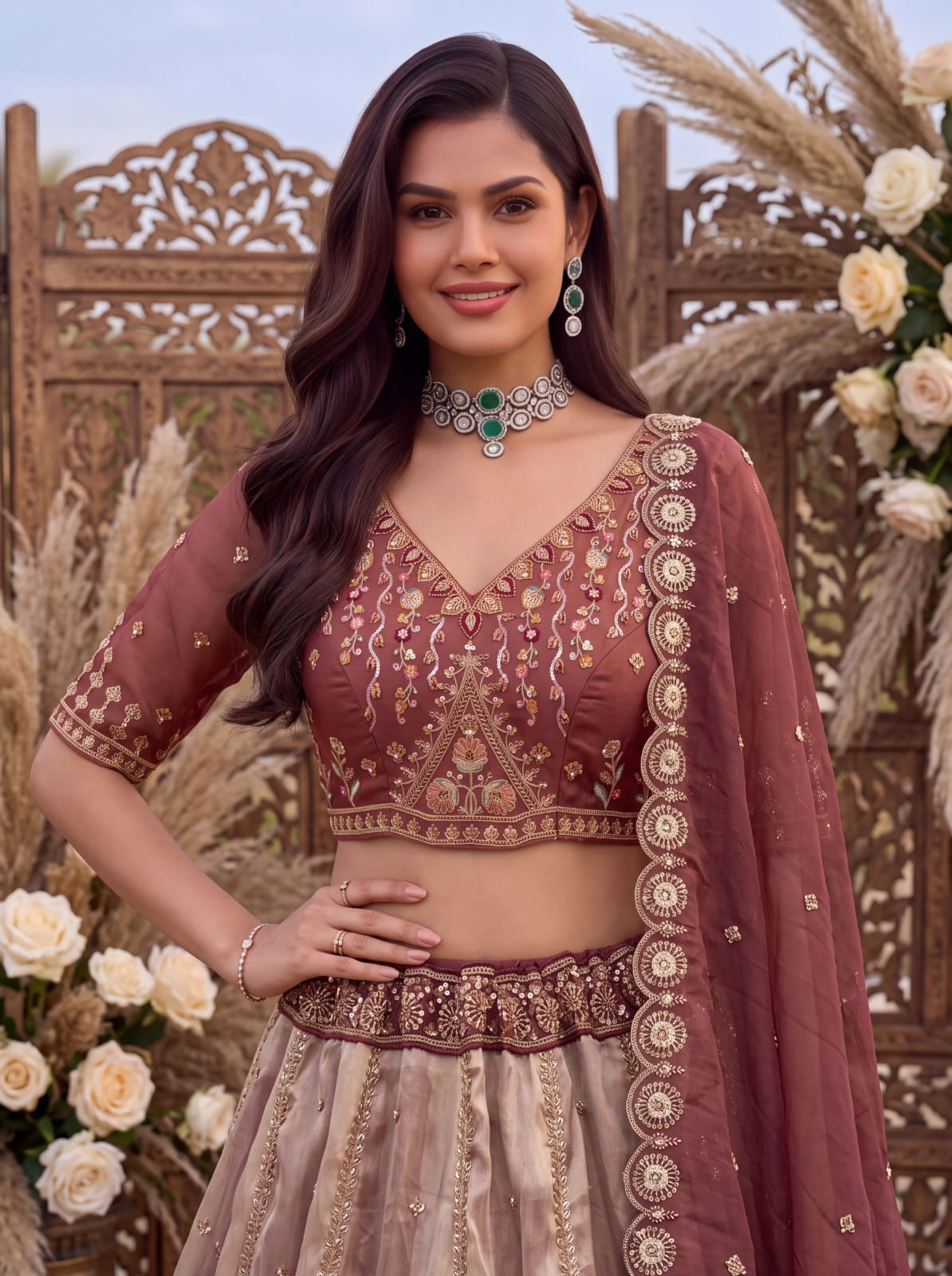 Beige Pink Pure Chandnia Silk Handwork Motif Crystal Beads Multi Thread Dori Sequins Work Bridal Lehenga Choli