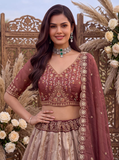 Beige Pink Pure Chandnia Silk Handwork Motif Crystal Beads Multi Thread Dori Sequins Work Bridal Lehenga Choli