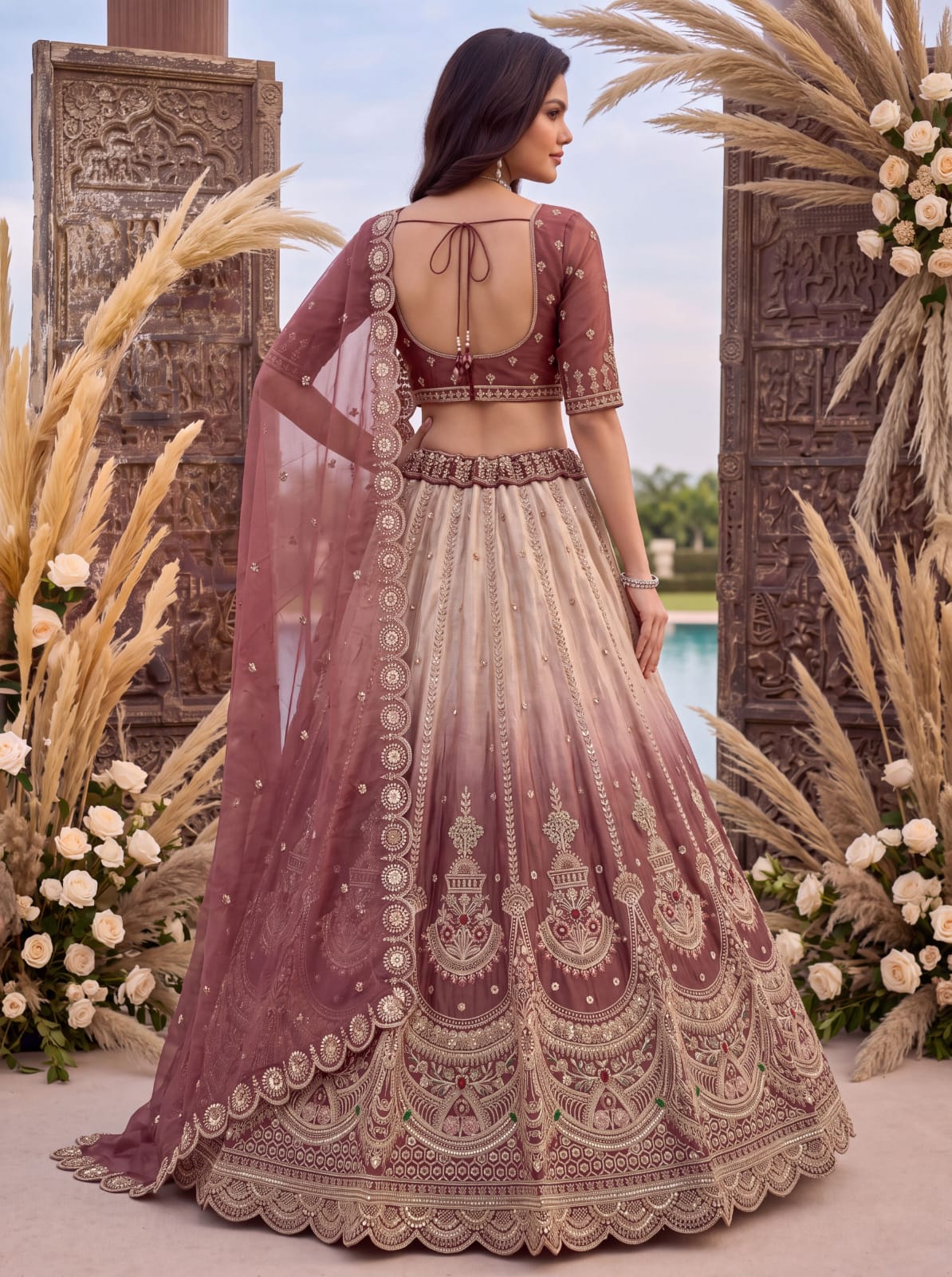 Beige Pink Pure Chandnia Silk Handwork Motif Crystal Beads Multi Thread Dori Sequins Work Bridal Lehenga Choli